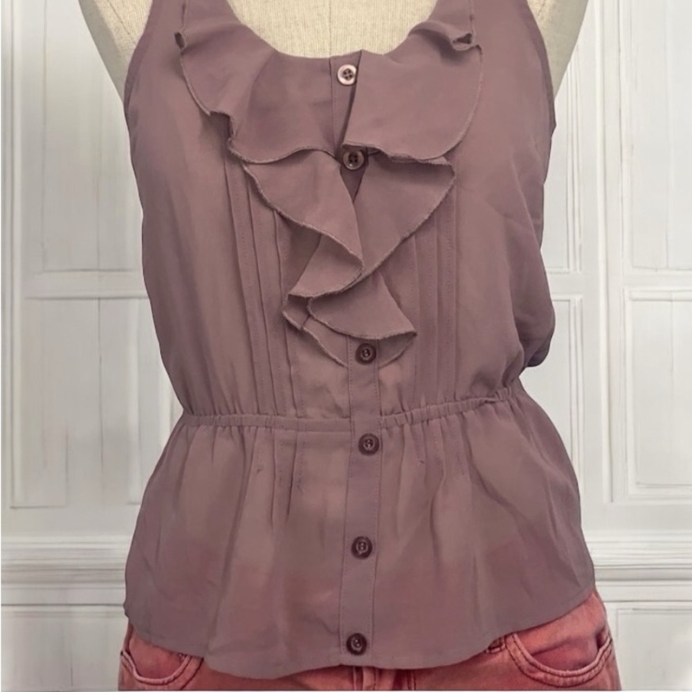 Full Tilt Semi Sheer Sleeveless Ruffle Front Blouse - Mauve, Size Small